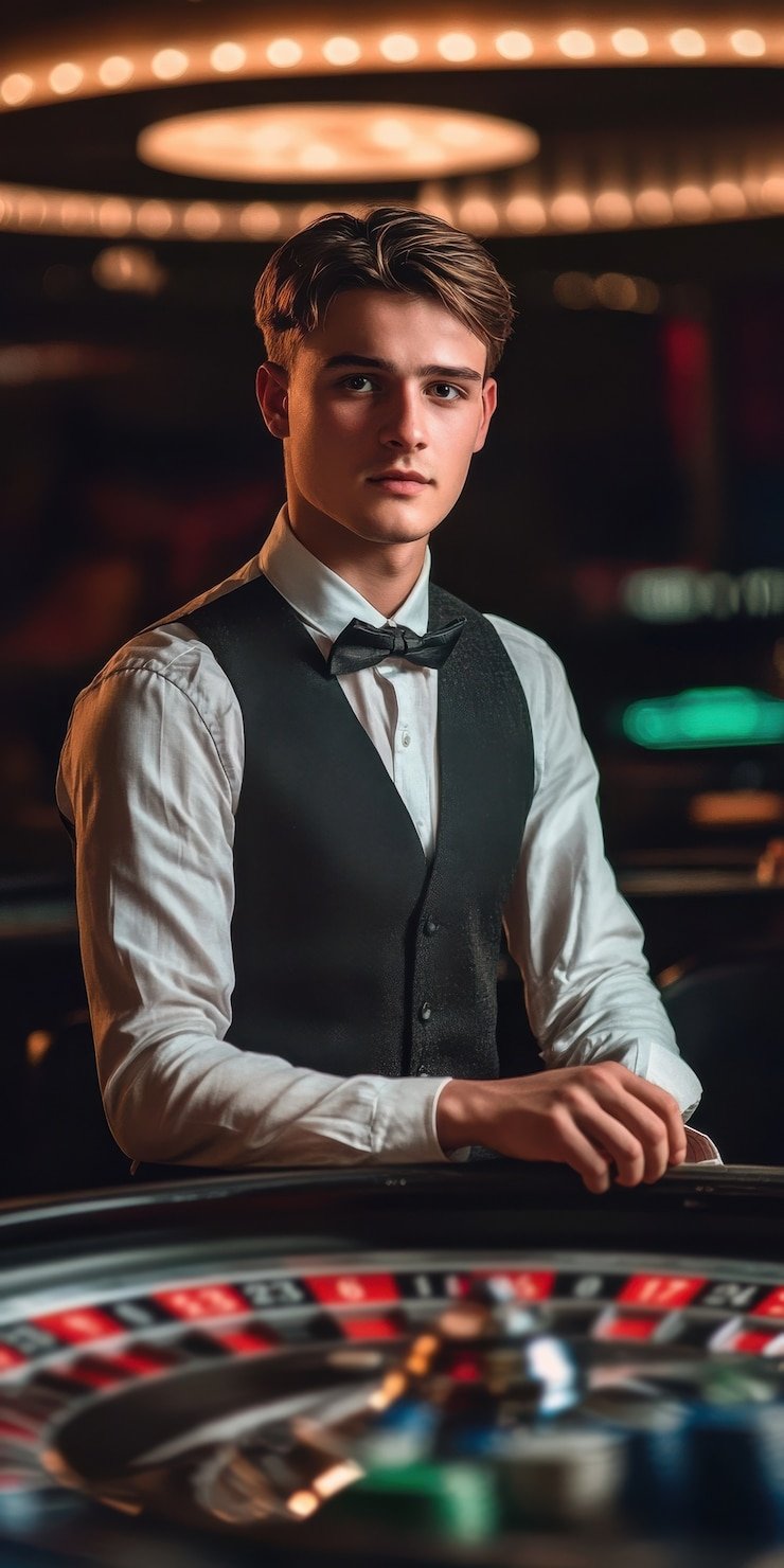 Mobile phone showing live casino table with active players and chat interface